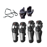 Combo de protección para motociclista Kit de Rodilleras y Coderas Metalicas GX + Guantes Race Tribe