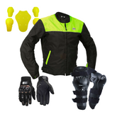 Combo Chaqueta protección Certificada + Rodilleras Articuladas Shaft 307 + Guantes de protección