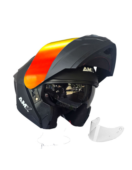 Casco Abatible AMX Nexo Negro mate con luz led + Visor Iridium fuego