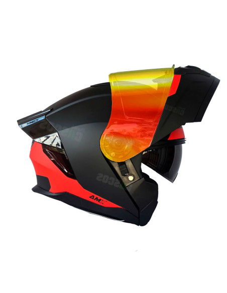 Casco Abatible AMX Nexo Nitro Negro Rojo con luz led + Visor iridium fuego