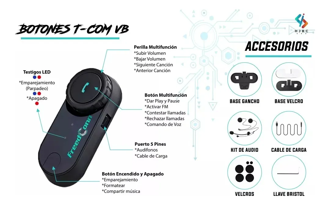 Intercomunicador Bluetooth casco moto Tcom Vb - V6 6 pilotos conferencia