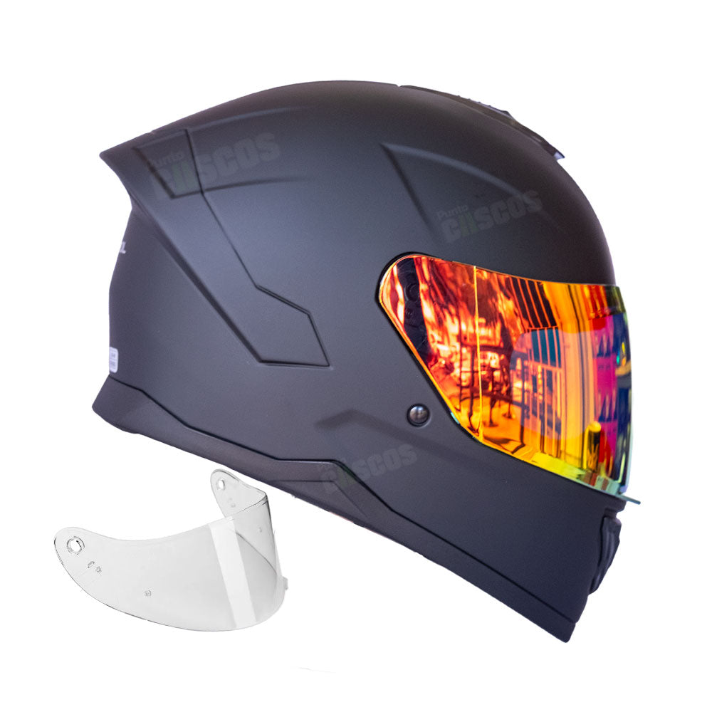 Casco Integral KNT M78 Solid Negro + Visor Iridium Fuego